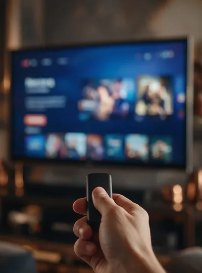 Fire TV Stick remote held in front of a television running the Gold IPTV app