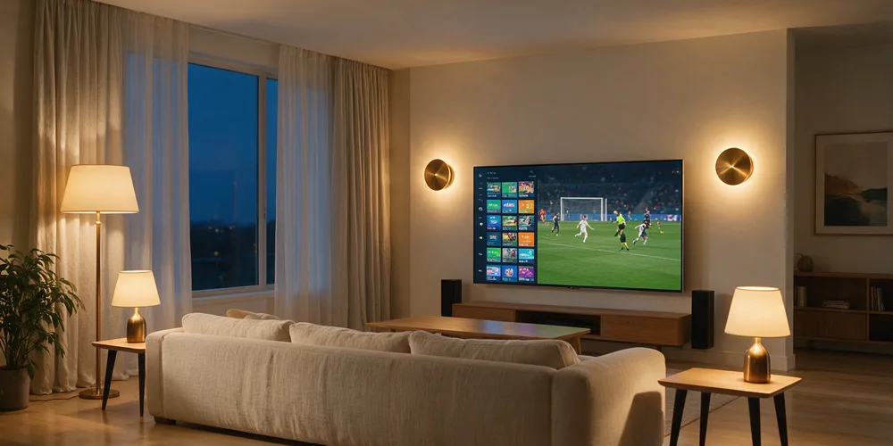 Living-room television showing the Gold IPTV channel guide beside a football match in progress