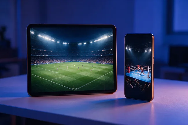 Tablet and phone side by side showing a live football match and a boxing card on Gold IPTV
