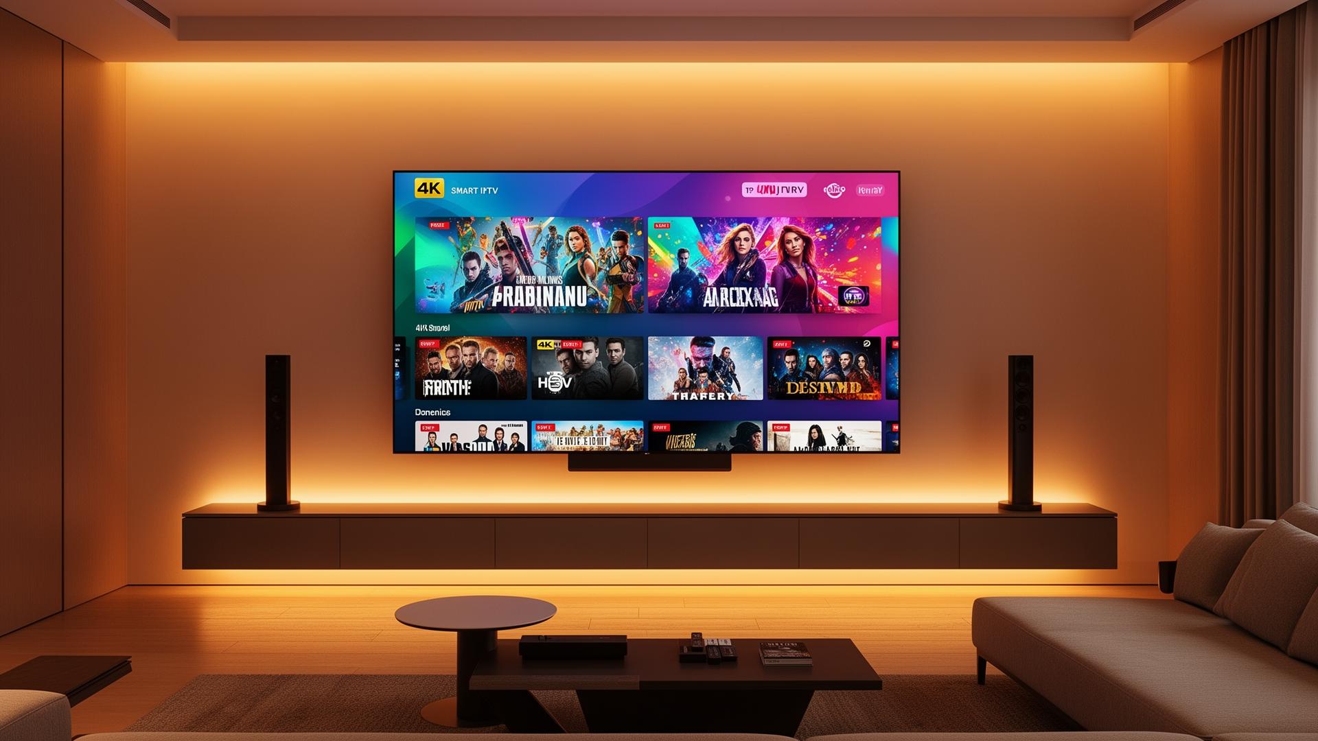 Wall-mounted television in a living room showing a streaming home screen