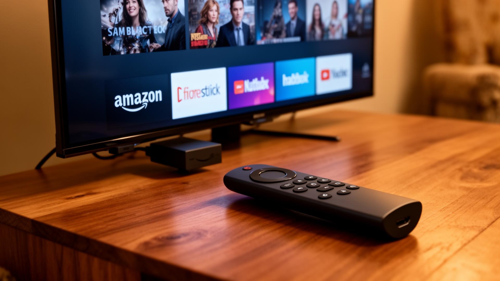 Fire TV Stick plugged into the back of a television with the remote alongside